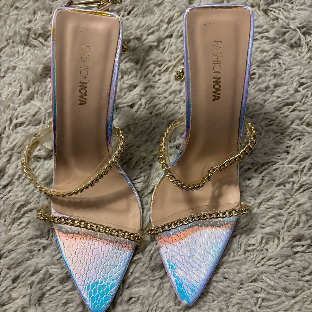 Fashion Nova Iridescent Pointed Toe Heels with Gold Chain